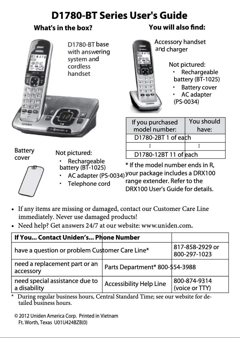 Página 1 del manual Manual de usuario Uniden D1780-BT