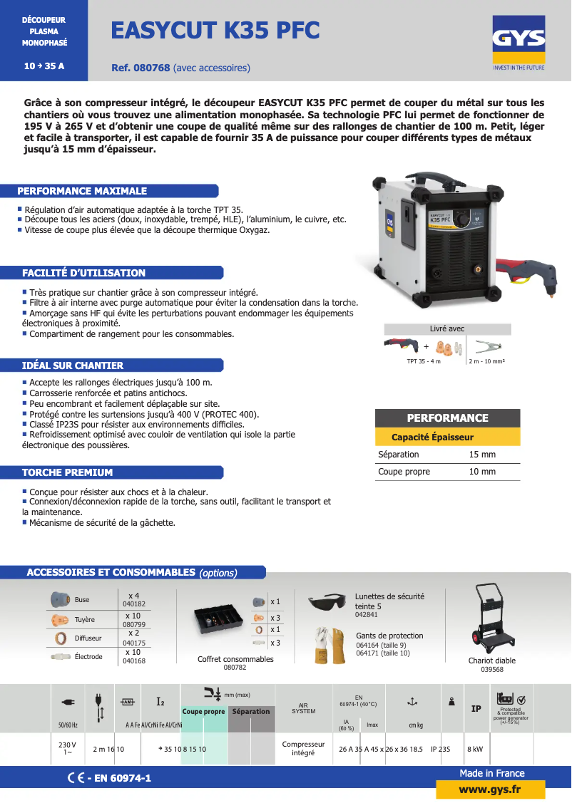 Page 1 de la notice Fiche technique GYS Easycut K35 PFC