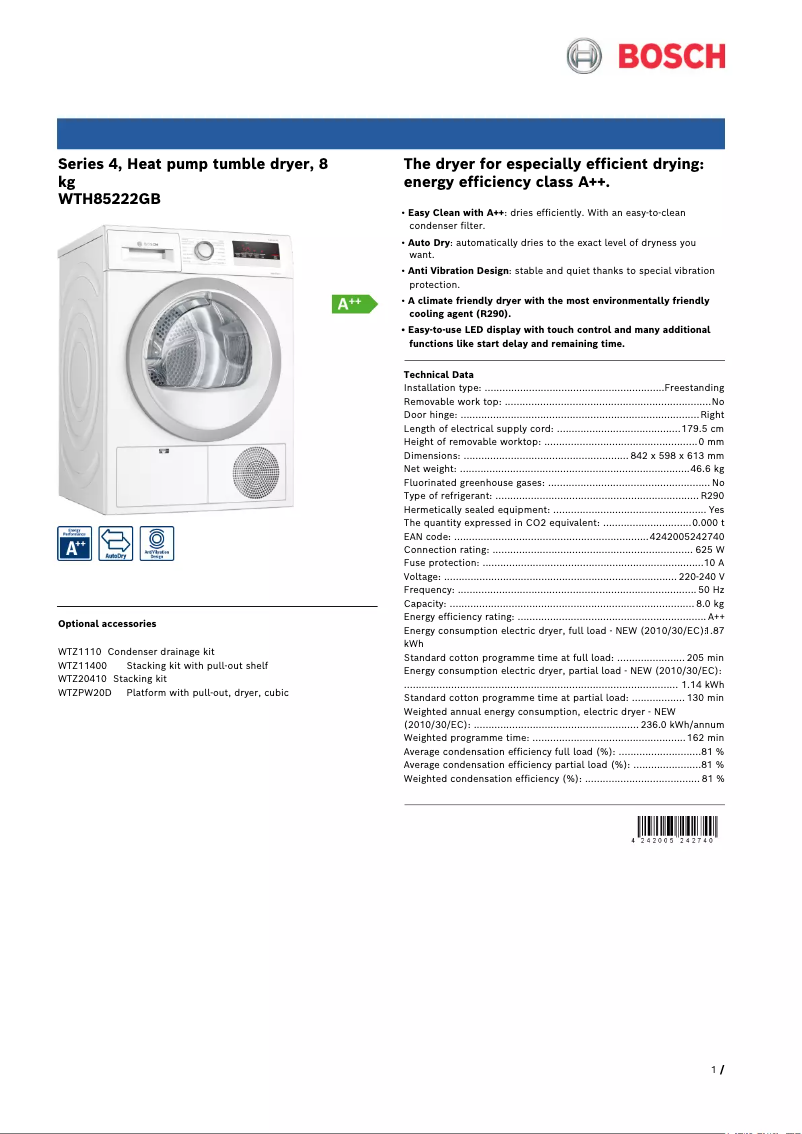 Image de la première page du manuel de l'appareil WTH85222GB