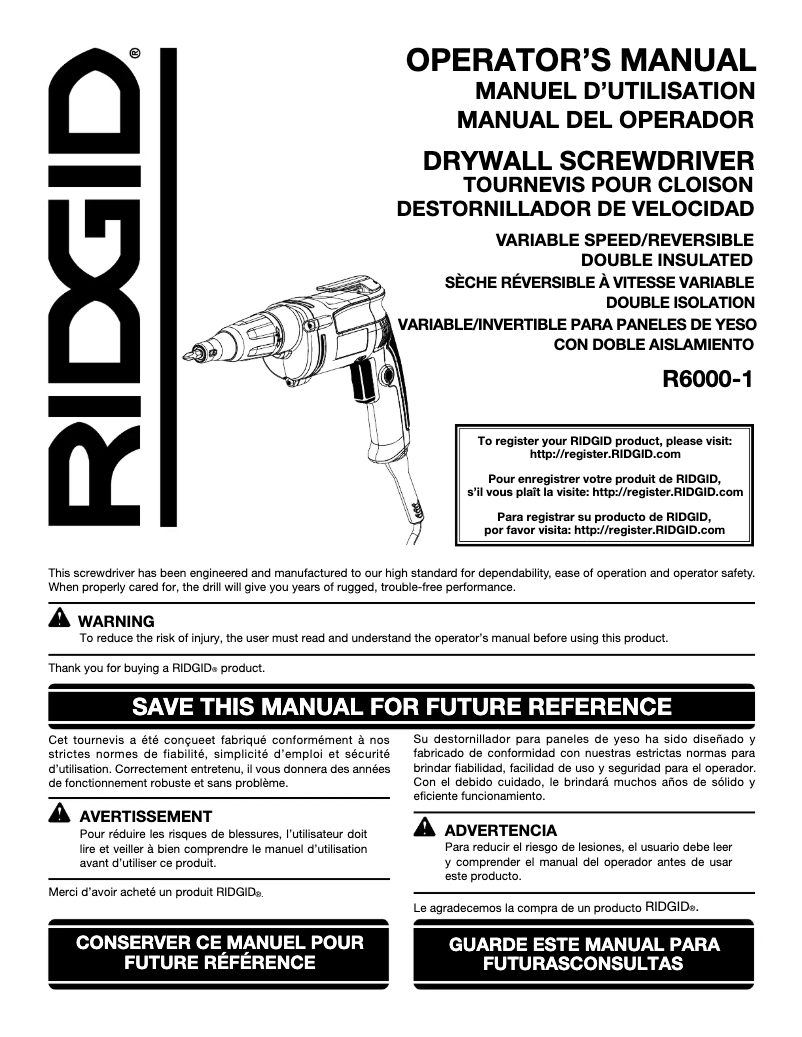 Page n°1 - Manuel utilisateur Ridgid R6000