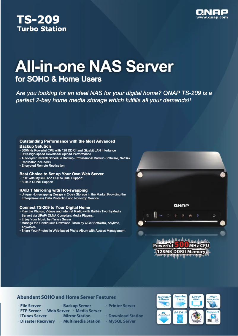 Page 1 de la notice Fiche technique QNAP TS-209