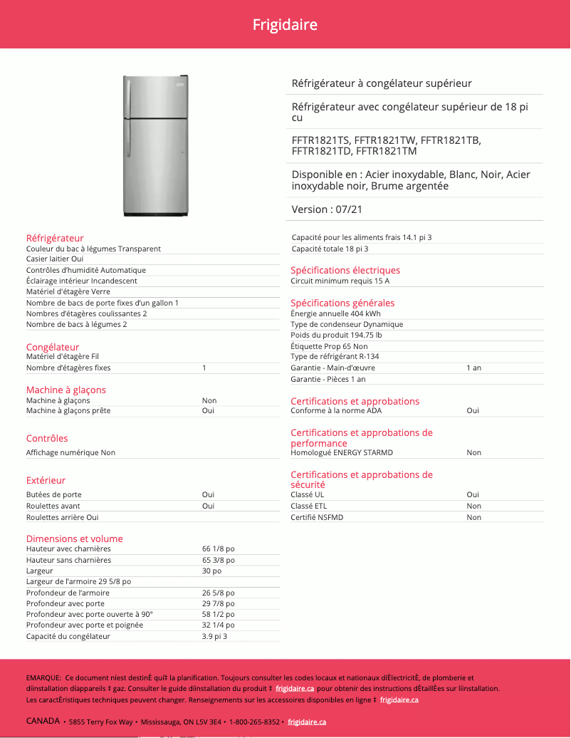 Image de la première page du manuel de l'appareil FFTR1821TB