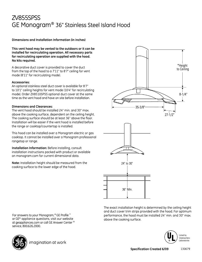Página 1 del manual Ficha técnica Monogram ZV855SPS