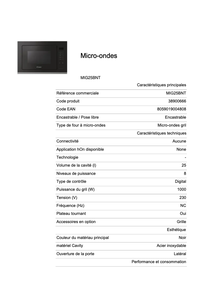 Page 1 de la notice Fiche technique Candy MIG25BNT