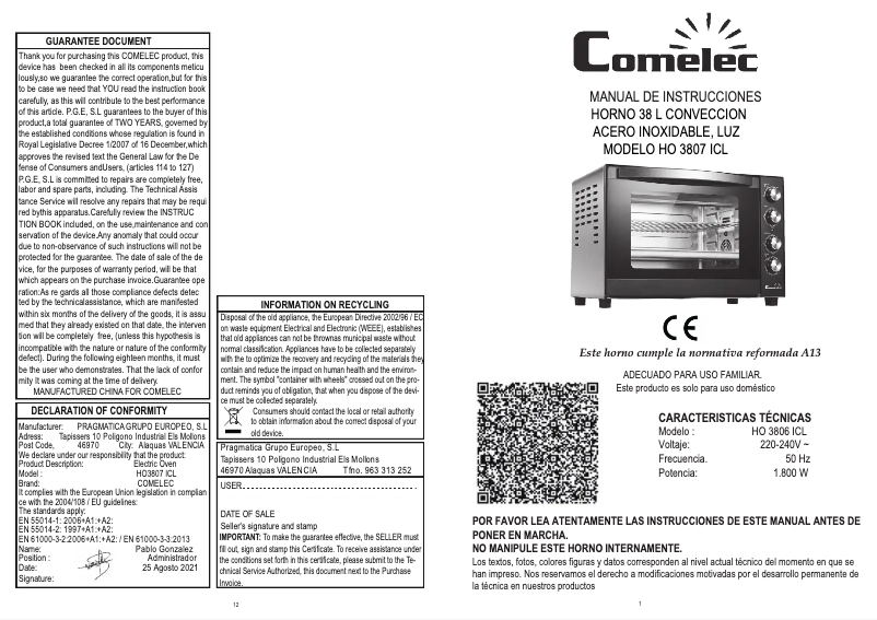 Image de la première page du manuel de l'appareil HO3807ICL