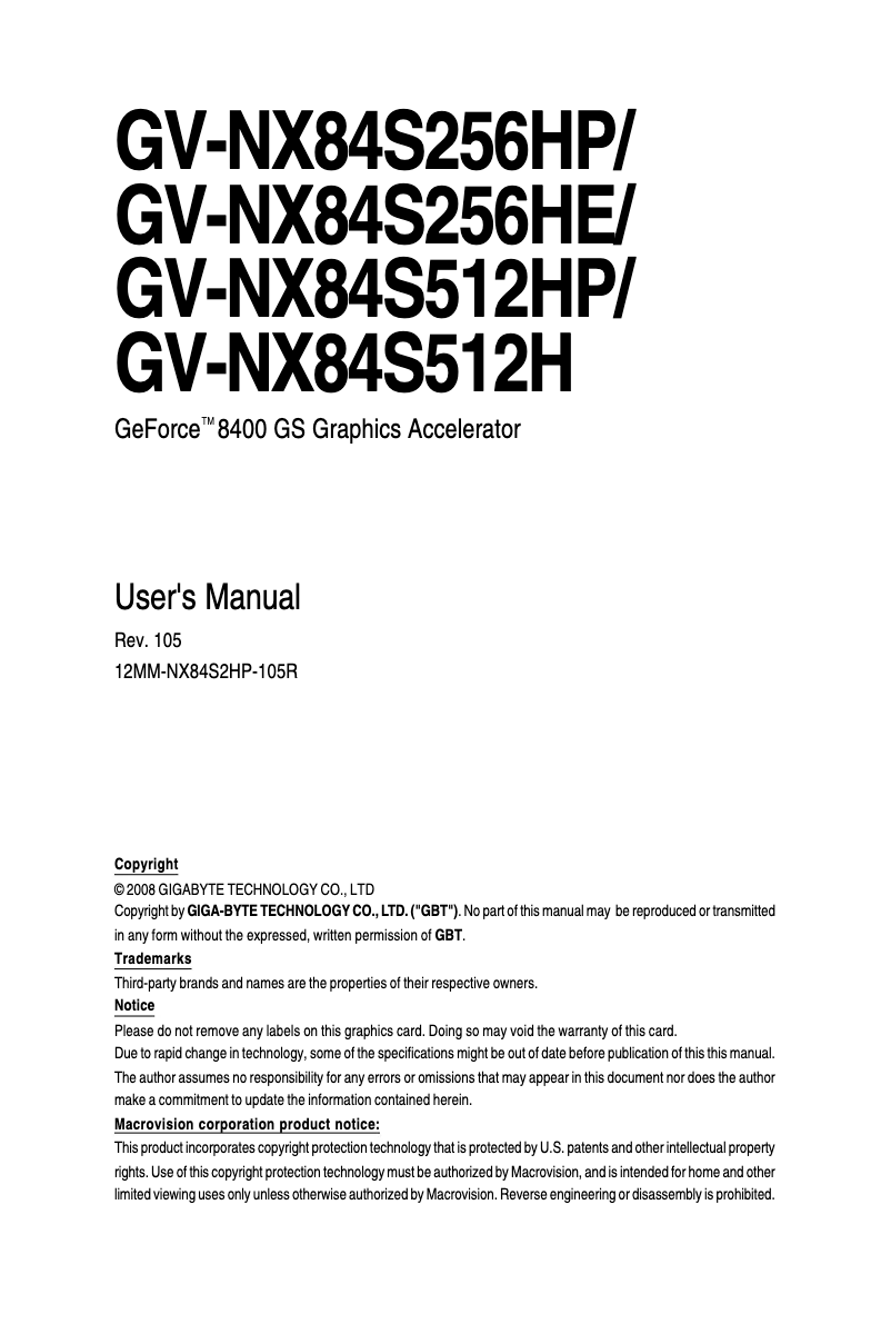 Page 1 de la notice Manuel utilisateur Gigabyte GV-NX84S512H