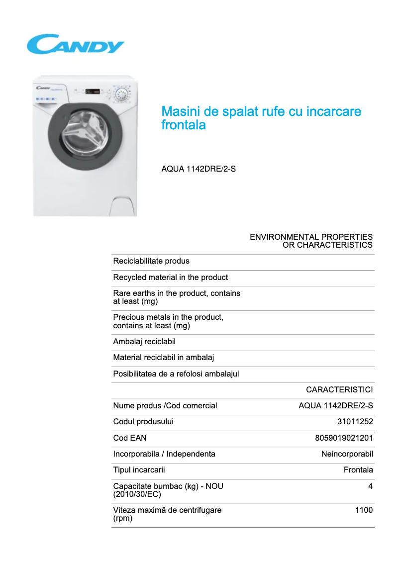 Page 1 de la notice Fiche technique Candy AQUA 1142DRE/2-S