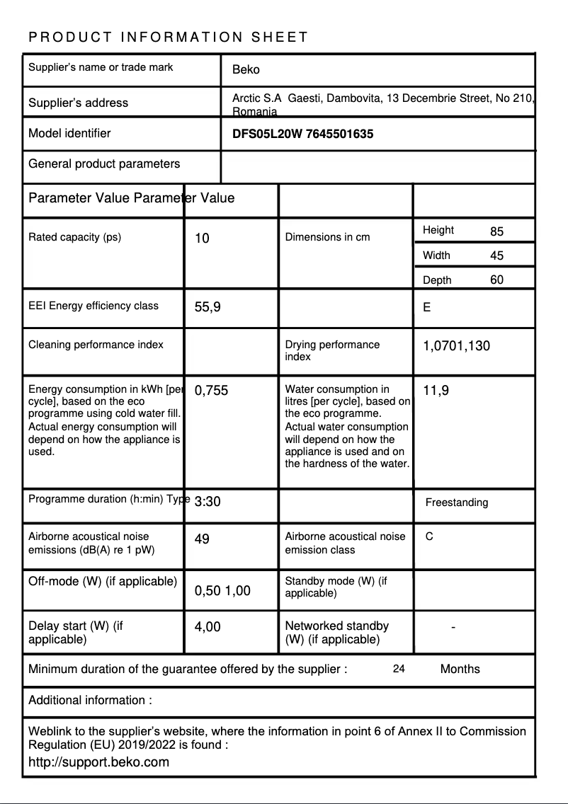 Page 1 de la notice Manuel utilisateur Beko DFS05L20W