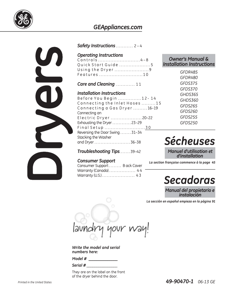 Page n°1 - Manuel d'utilisation et d'entretien GE GHDS365EFRR
