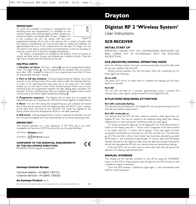 Page 1 de la notice Manuel utilisateur Drayton Digistat RF2