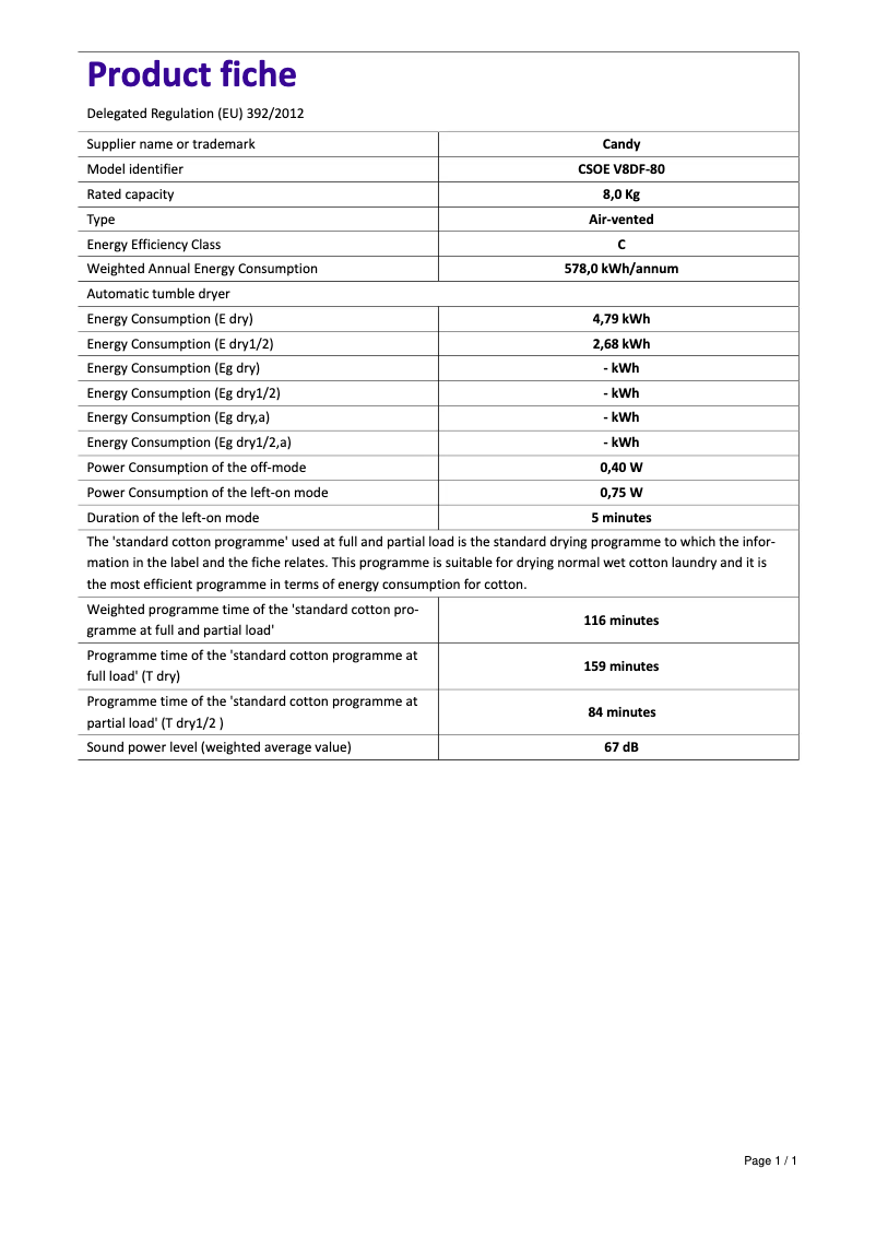 Page 1 de la notice Manuel utilisateur Candy CSOE V8DF-80