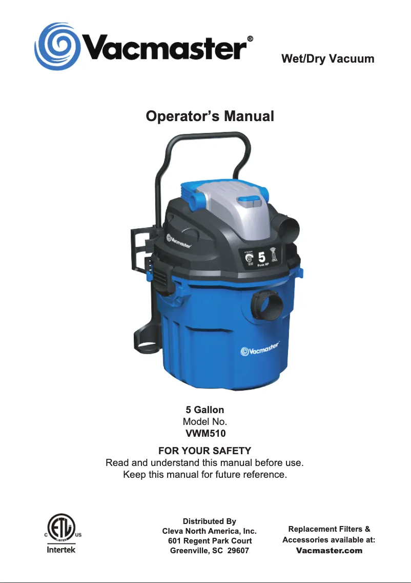 Page 1 de la notice Manuel utilisateur Vacmaster VWM510