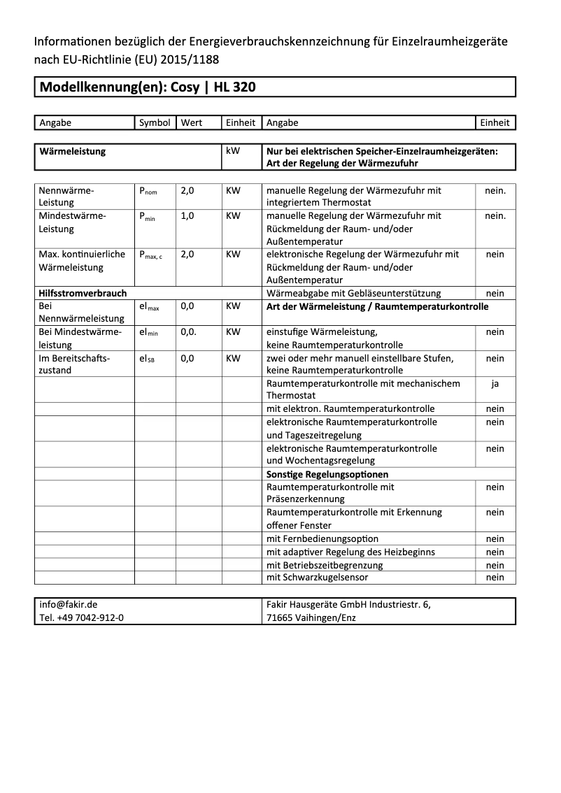 Page n°1 - Label énergétique Fakir Cosy HL 320