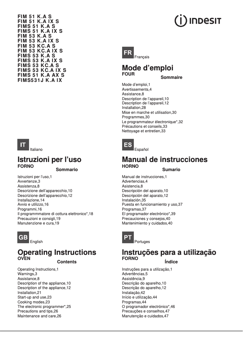 Page 1 de la notice Manuel utilisateur Indesit FIM 53 K.A (BK) S