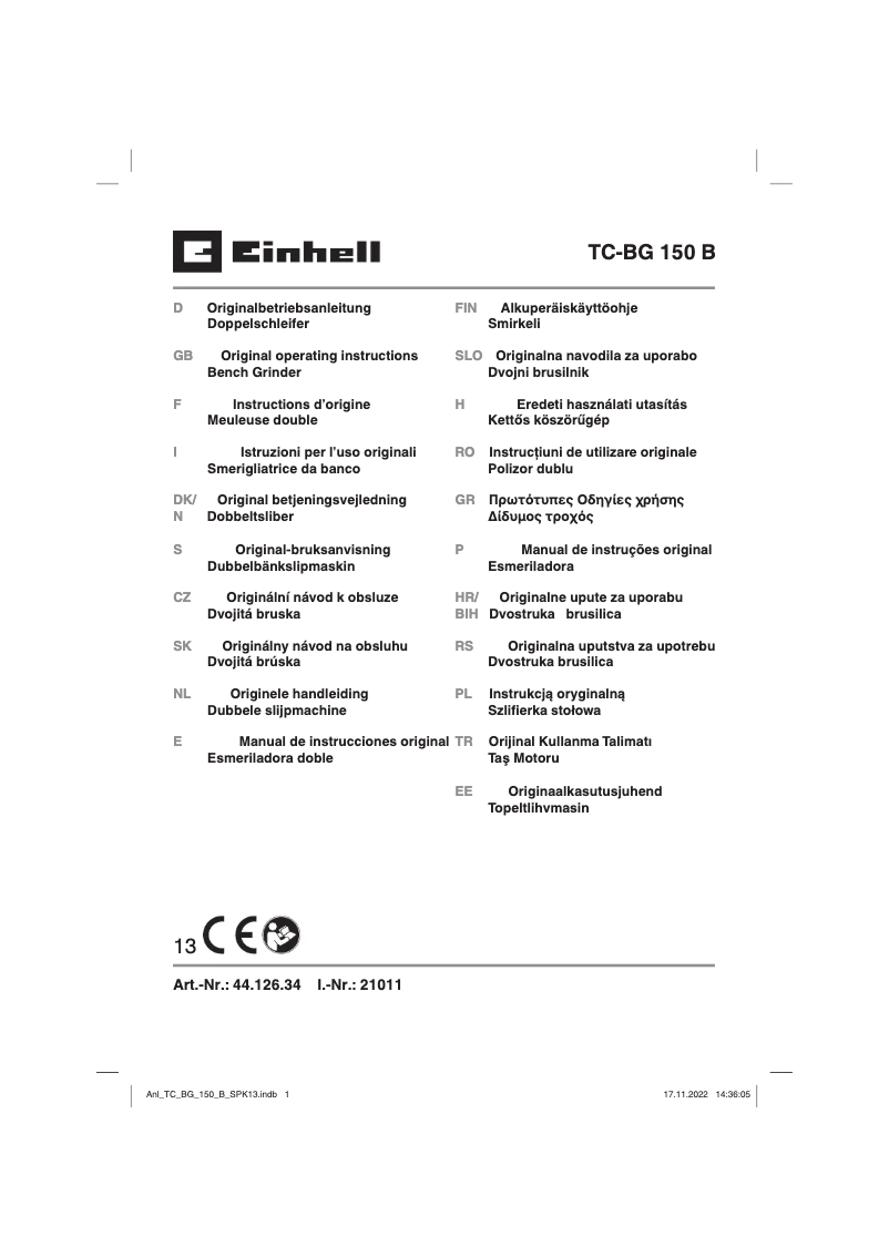 Page n°1 - Manuel utilisateur Einhell TC-BG 150 B