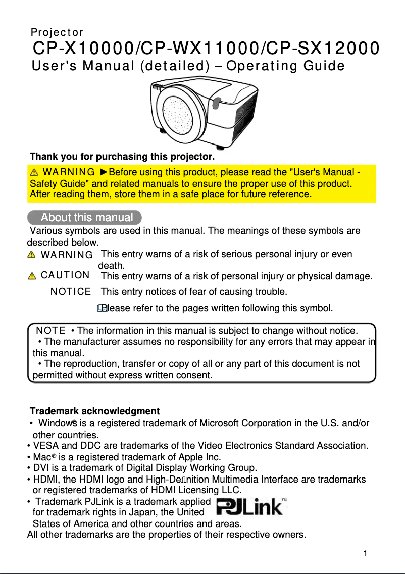 Image de la première page du manuel de l'appareil CP-SX12000