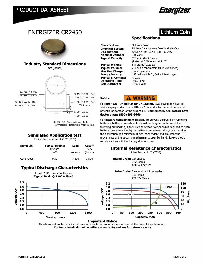 Page 1 de la notice Manuel utilisateur Energizer CR2450
