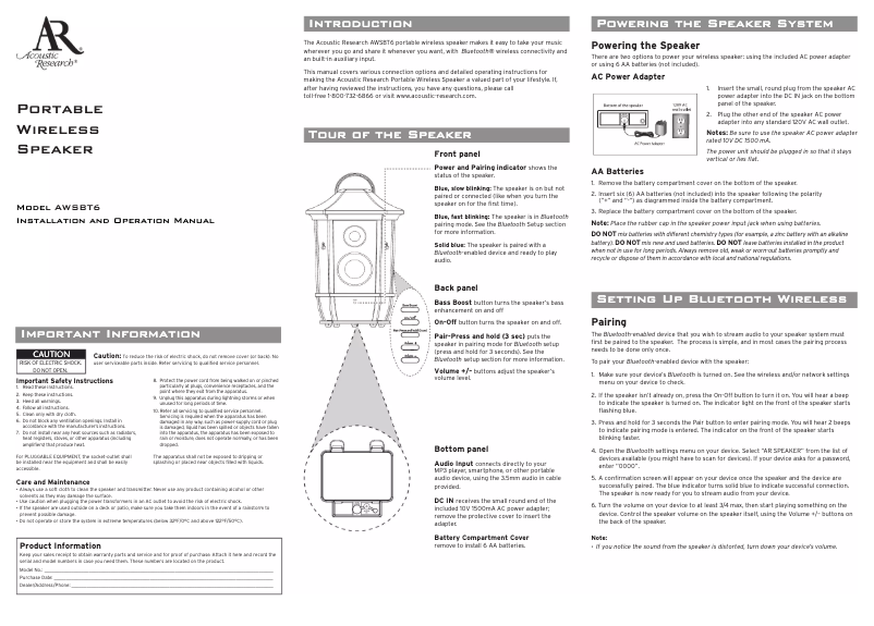 Page n°1 - Manuel utilisateur Acoustic Research AWSBT6