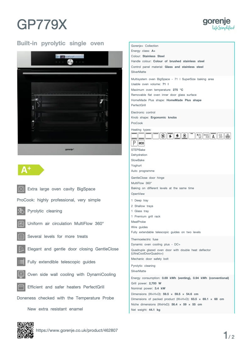 Page n°1 - Fiche technique Gorenje GP779X