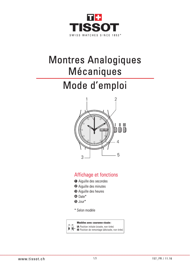 Page n°1 - Manuel utilisateur Tissot Automatics III