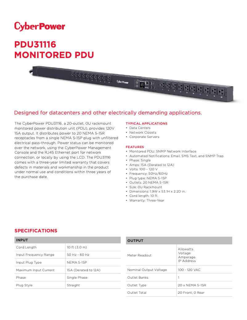 Page n°1 - Fiche technique CyberPower PDU31116