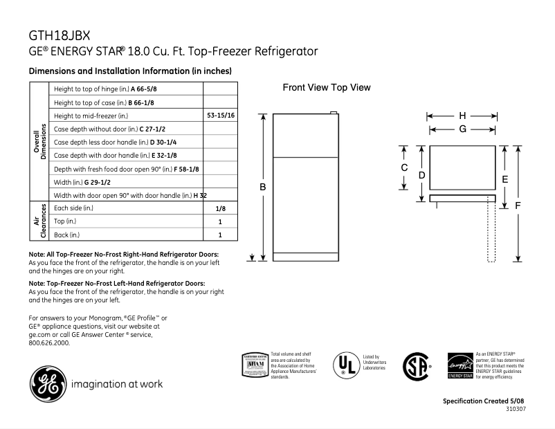 Page 1 de la notice Fiche technique GE GTH18JBXWW