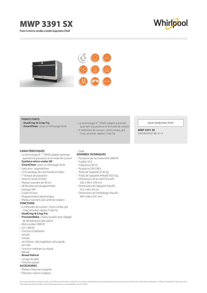 Page 1 de la notice Fiche technique Whirlpool MWP 3391 SX