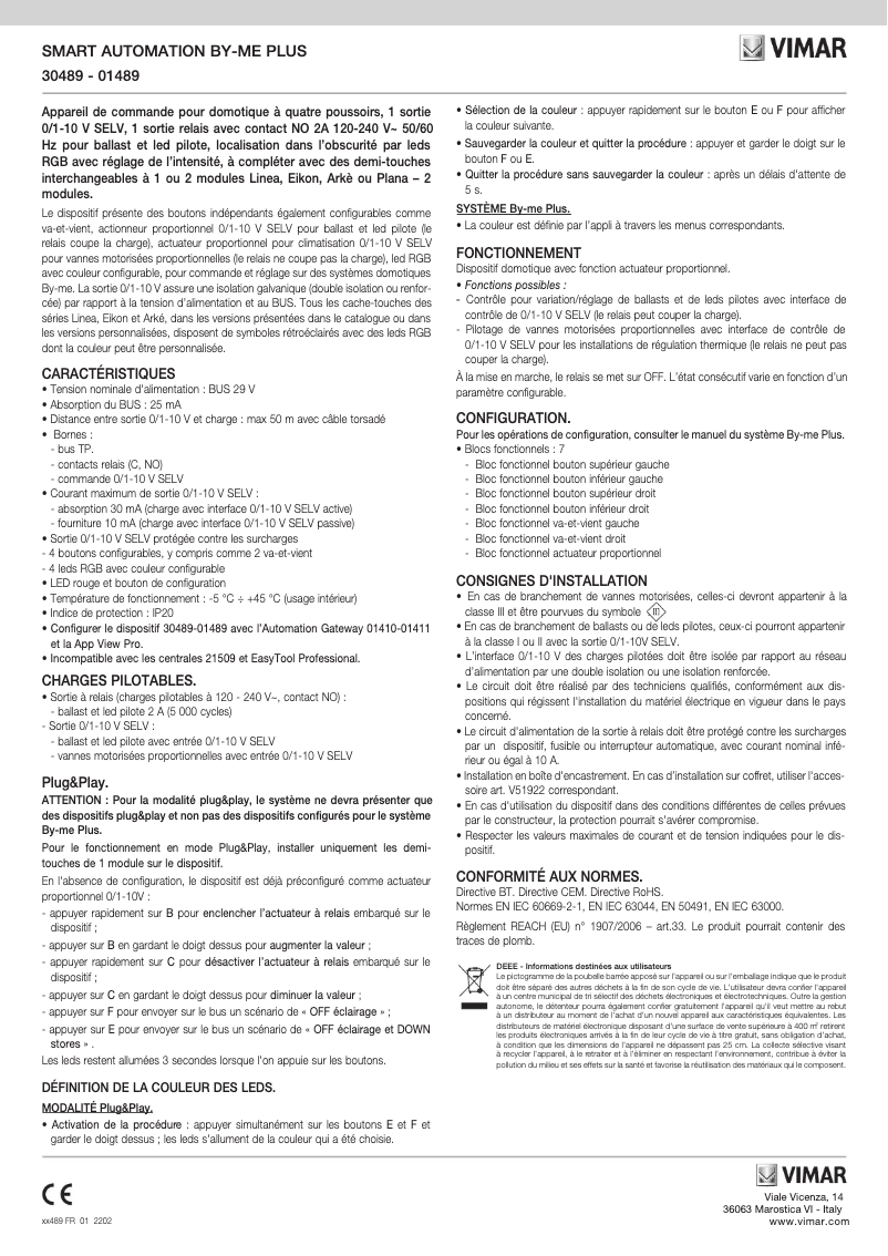Page 1 de la notice Manuel utilisateur Vimar 01489