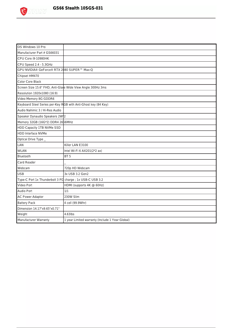 Imagen de la primera página del manual del dispositivo Stealth GS66