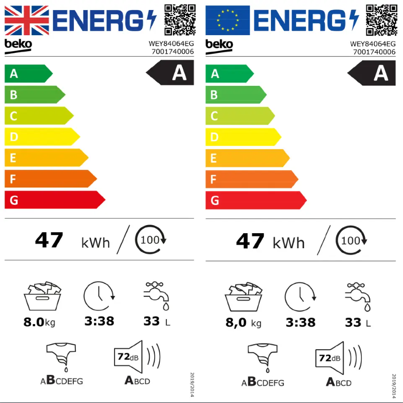 Page 1 de la notice Label énergétique Beko WEY84064E