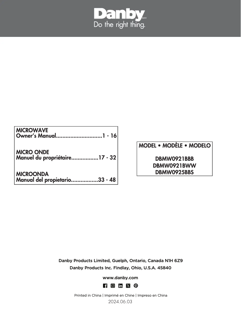 Page 1 de la notice Manuel utilisateur Danby DBMW0921BWW
