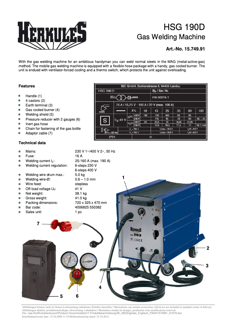 Page 1 de la notice Fiche technique Herkules HSG 190D
