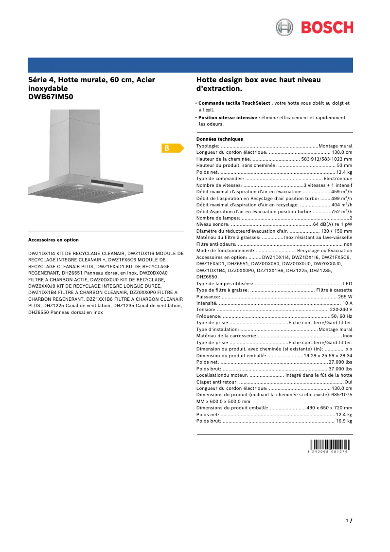 Page 1 de la notice Fiche technique Bosch DWB67IM50