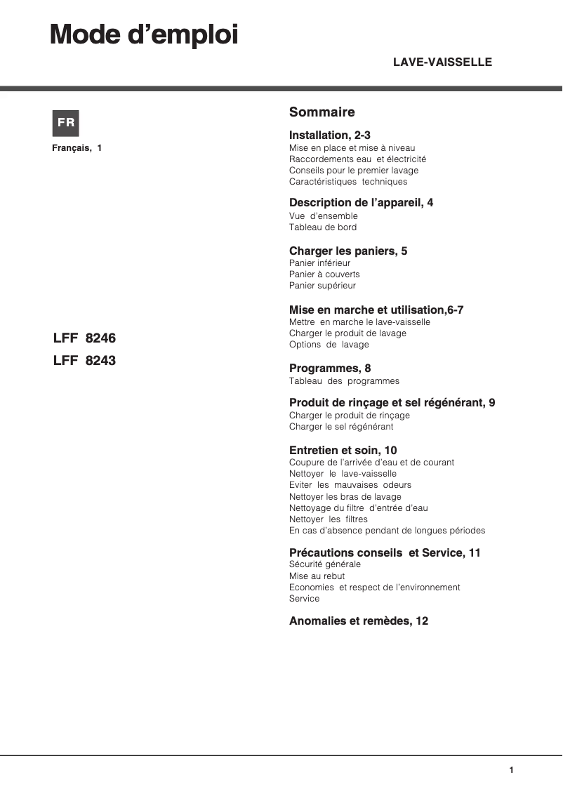Page n°1 - Manuel utilisateur Hotpoint Ariston LFF 8243 FR/HA.R