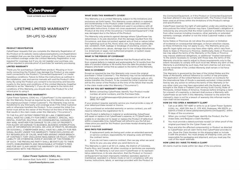 Page n°1 - Informations de garantie CyberPower SM040KAMFA
