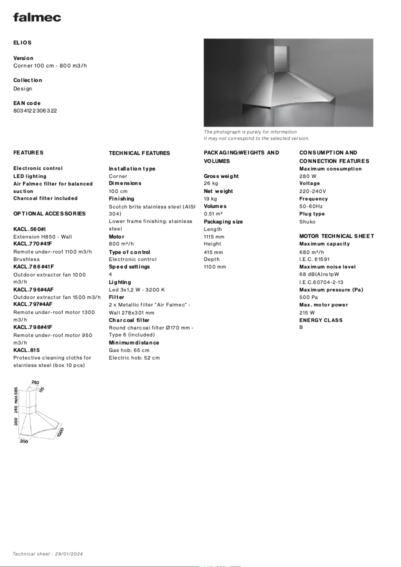 Page 1 de la notice Fiche technique Falmec Elios