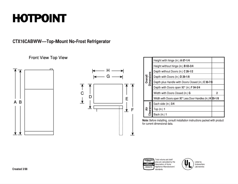 Page 1 of the manual Technical Sheet Hotpoint CTX16CABLWW