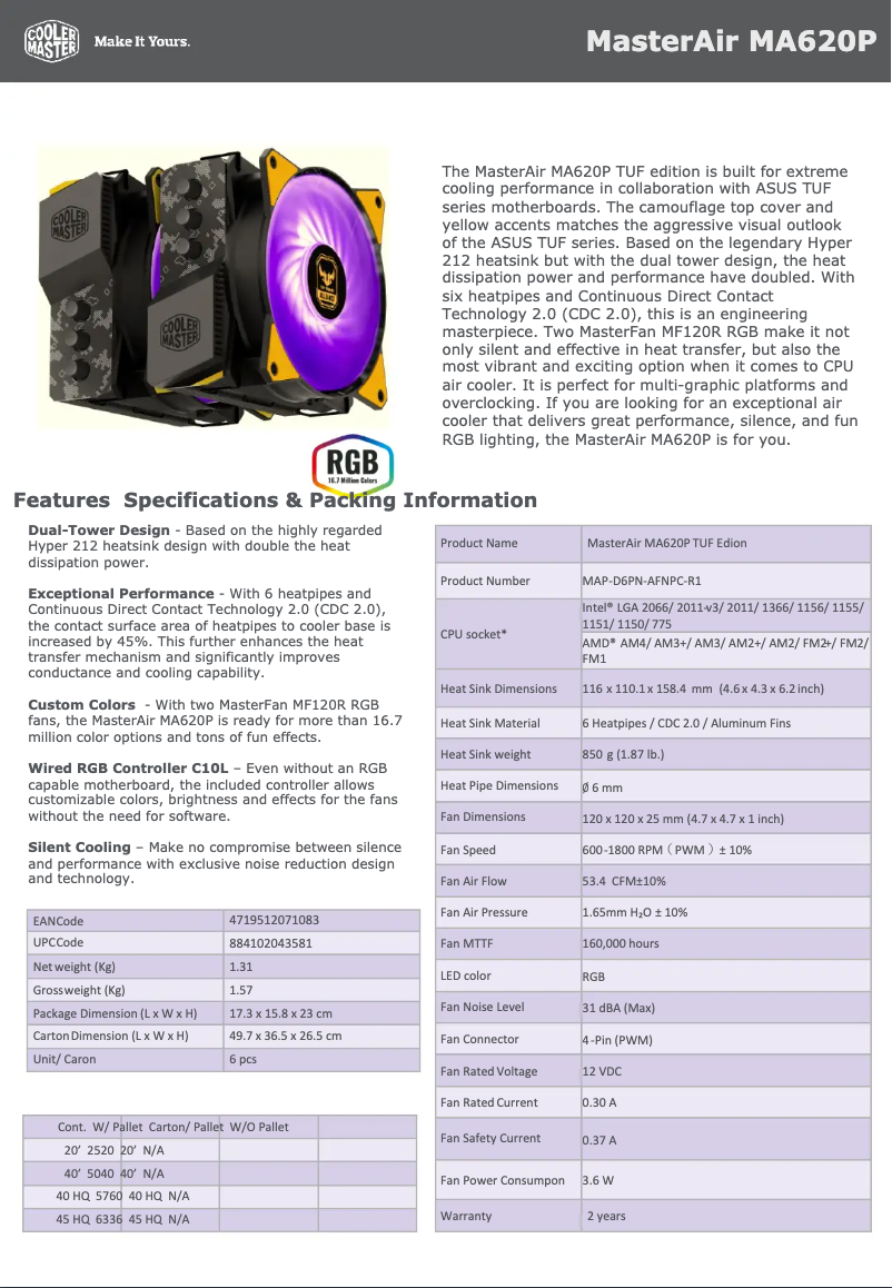 Page n°1 - Fiche technique Cooler Master MasterAir MA620P