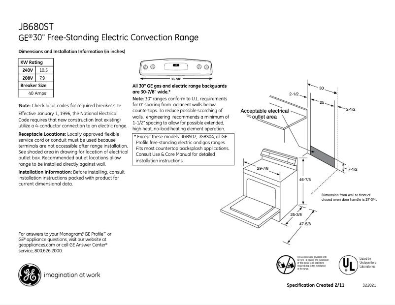 Page 1 de la notice Fiche technique GE JB680STSS