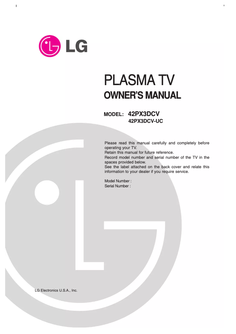 Page n°1 - Manuel utilisateur LG 42PX3DCV