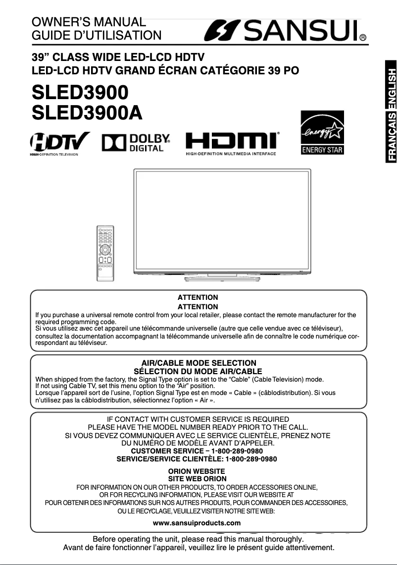 Page n°1 - Manuel utilisateur Sansui SLED3900