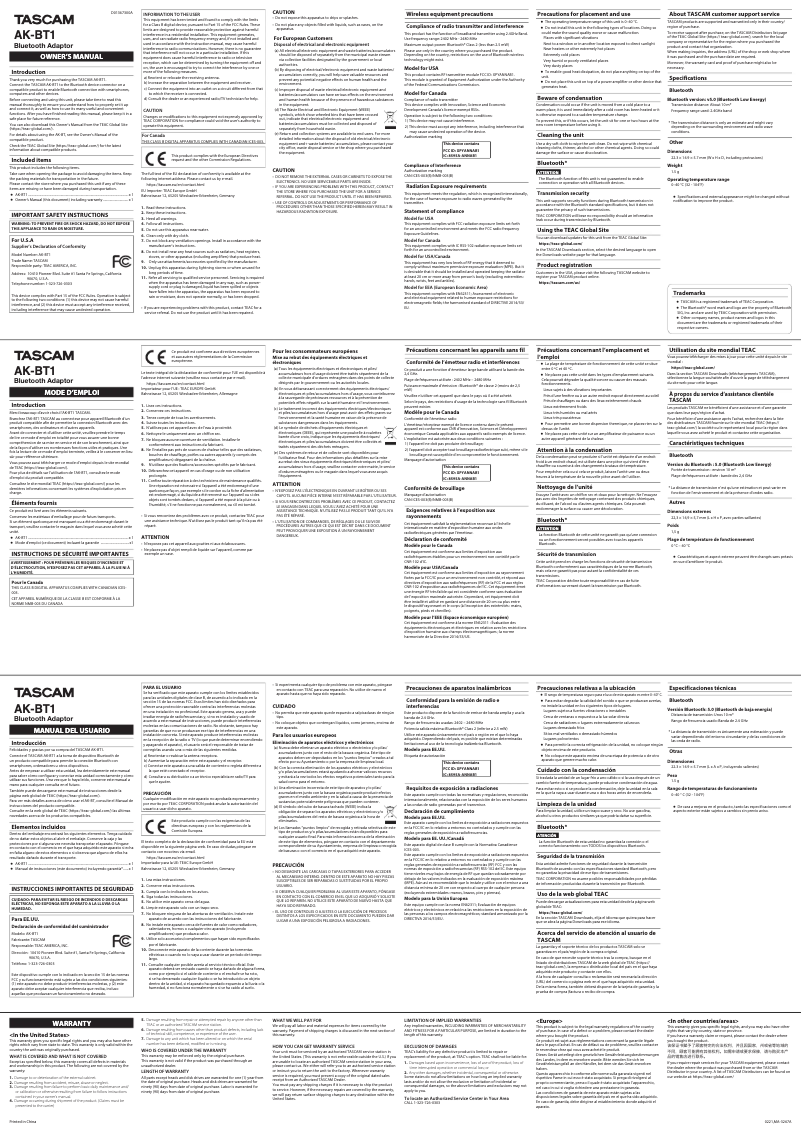 Image de la première page du manuel de l'appareil AK-BT1