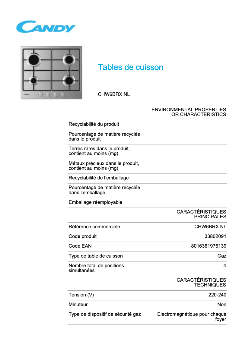 Page n°1 - Fiche technique Candy CHW6BRX NL