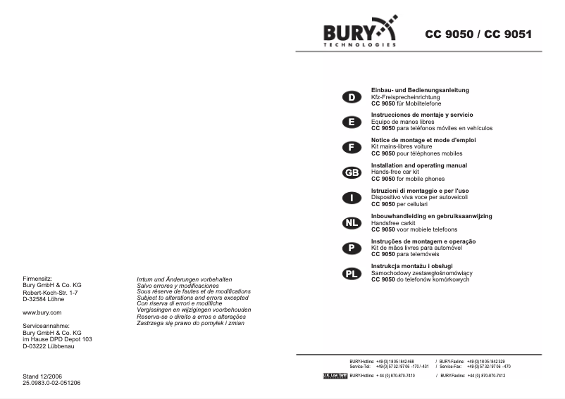 Page 1 de la notice Manuel utilisateur Bury CC 9050
