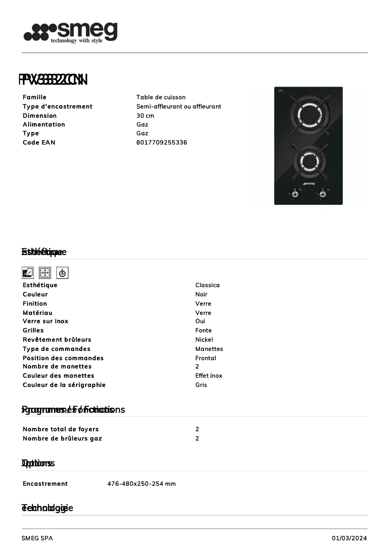Page n°1 - Fiche technique Smeg PV332CN