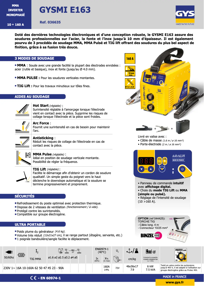 Page 1 de la notice Fiche technique GYS GYSMI E163