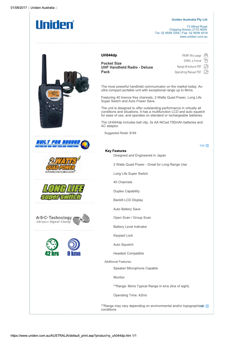 Page 1 de la notice Manuel utilisateur Uniden UH044DP