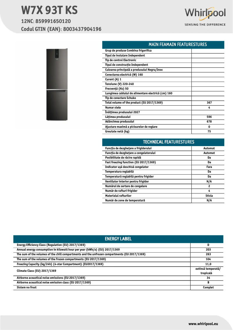 Page 1 de la notice Fiche technique Whirlpool W7X 93T KS