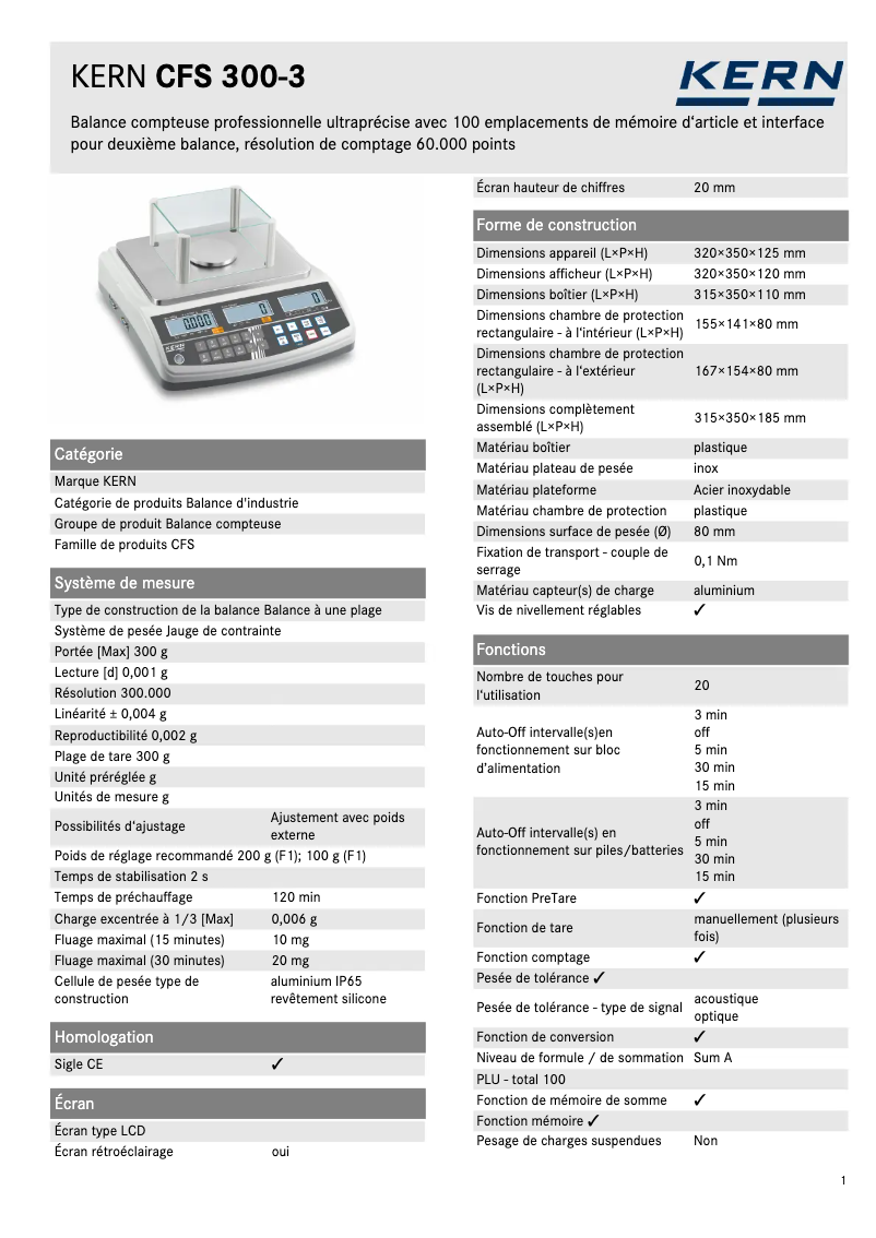 Page n°1 - Fiche technique Kern CFS 300-3
