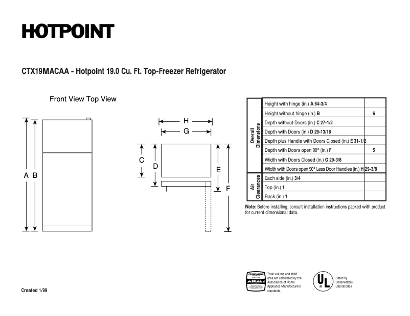 Page 1 de la notice Fiche technique Hotpoint CTX19MACAA